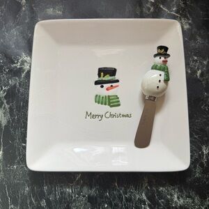 Snowman Earthenware Plate Christmas Cutouts Dish / Plate & Spread Knife
